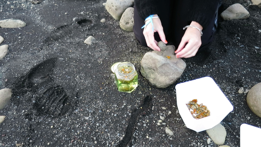 WhiteFeather Hunter’s image - Video still: urine fermentation of sunburst lichen – crushing lichen in urine